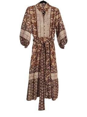 Sue Sartor Flounce Burgundy Floral Paisley Print Belted Midi Dress